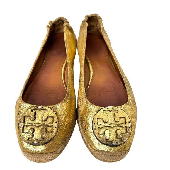 TORY BURCH The Reva Crackled Metallic Leather EspadrillesWomen's Size 9.5 M
